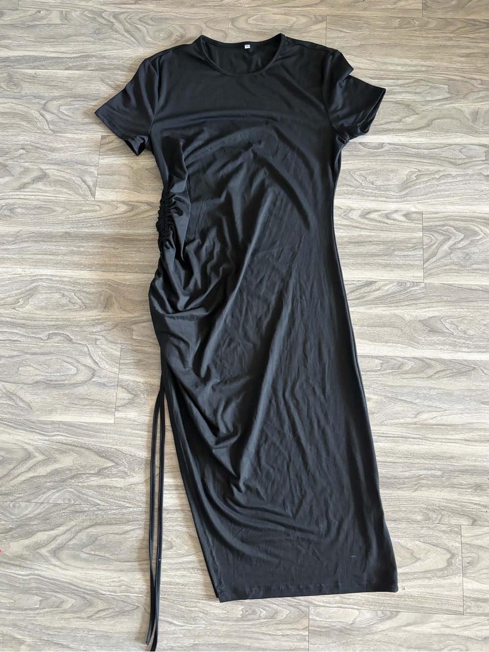 Black Side-Ruched Midi Dress with Short Sleeves